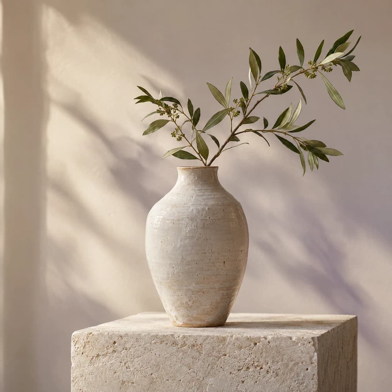 Chalk-white handmade ceramic vase with a leafy branch on a limestone plinth