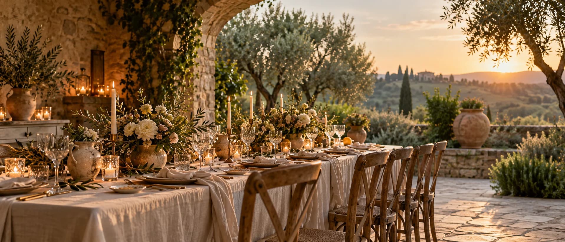 A candlelit courtyard dinner table beneath a stone arch at golden hour
