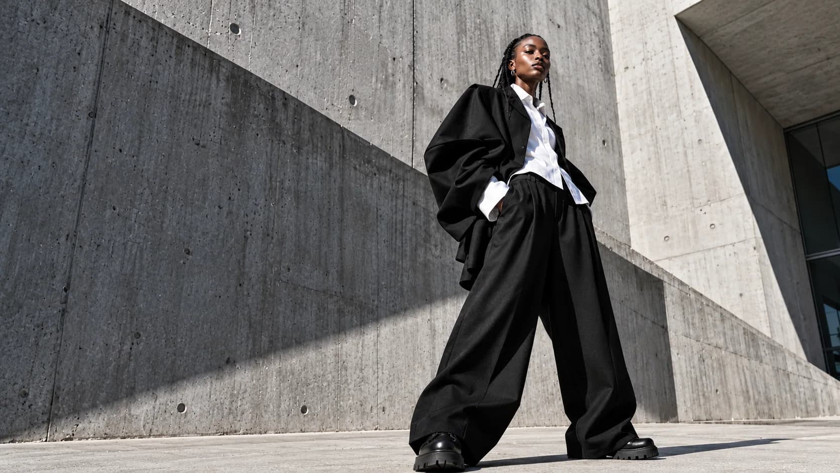 Morrow collection study, a model in a loose black jacket and wide trousers against concrete