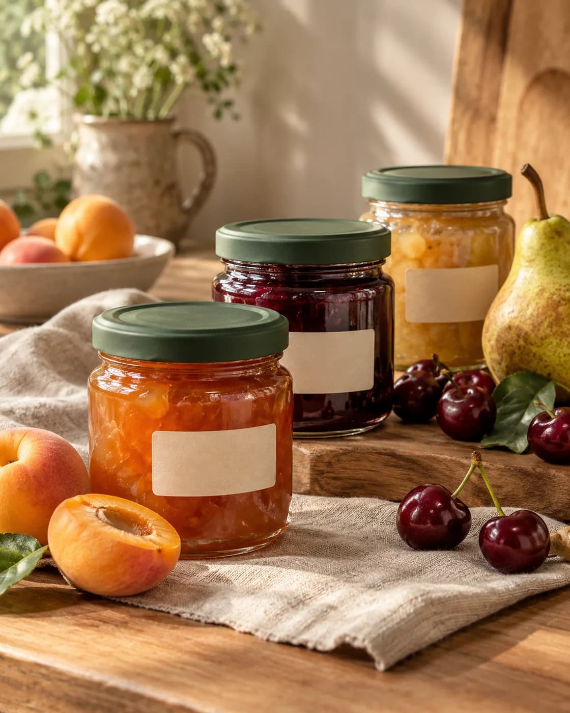 Three glass jars of apricot, cherry and pear preserves beside ripe fruit on a linen-covered pantry table