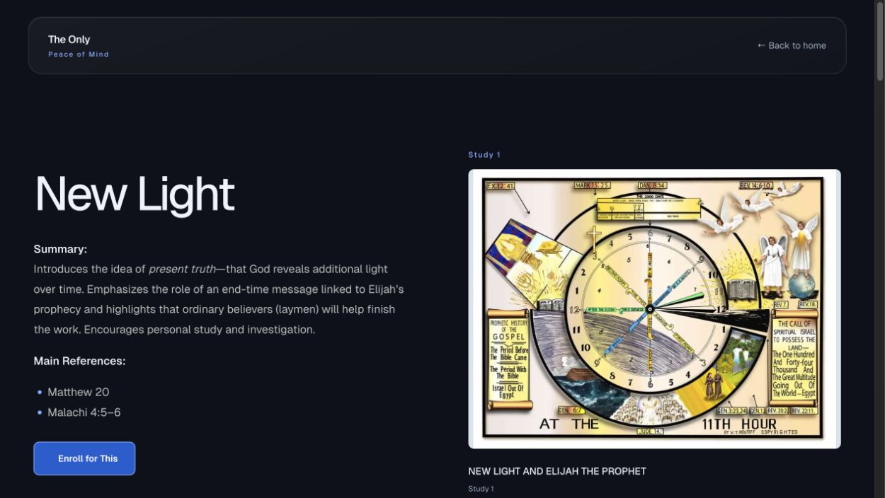 The New Light study design preview, with its summary and Bible references beside the illustrated At the Eleventh Hour chart.