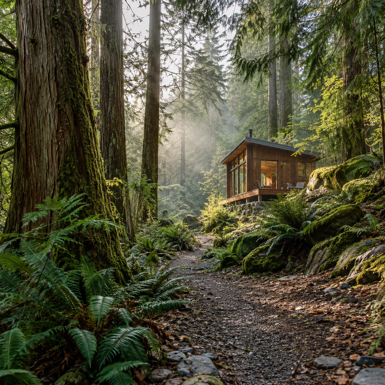 A timber cabin beside a fern-lined path in a misty evergreen forest