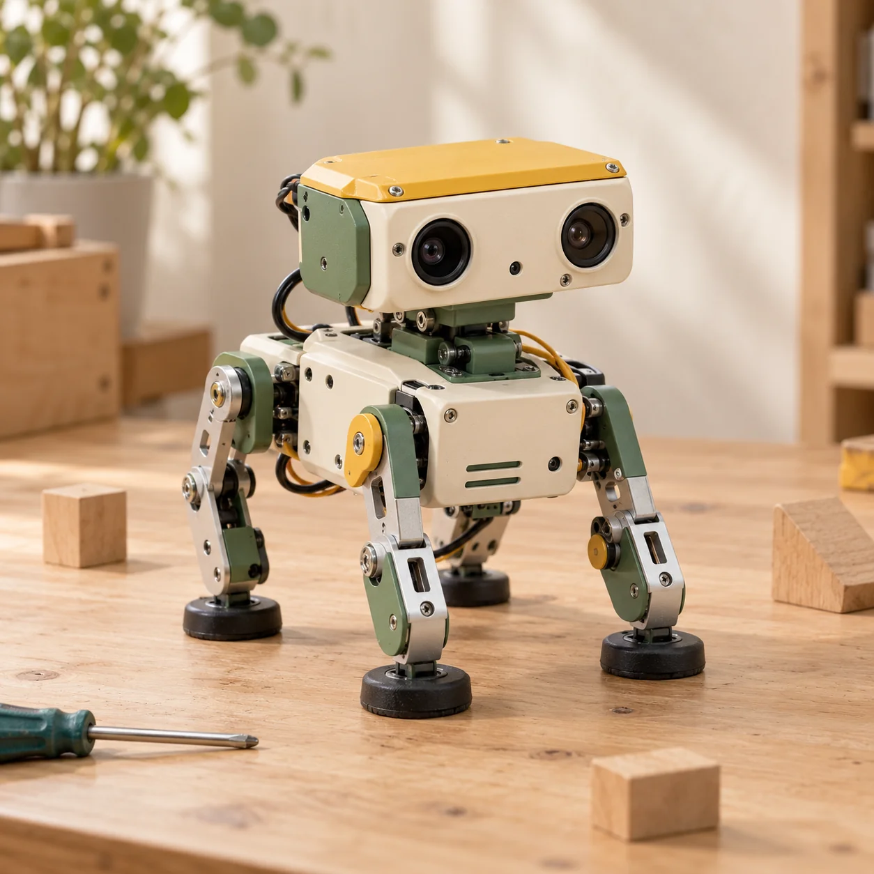 An educational robot with camera lenses and articulated metal legs on a workshop table