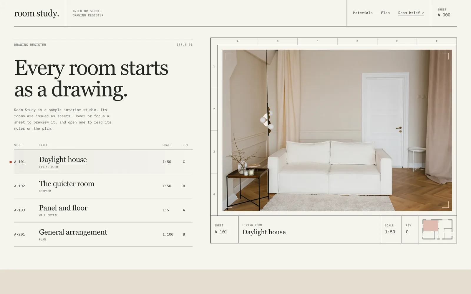 Room Study website design, first screen